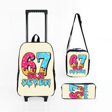 Load image into Gallery viewer, Colorful Number 67 Black Wheeled Rolling Bag Set with Lunch Box Pen Bag with Wheels School Trolley Backpack Bag for Girl/Boys