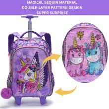 Load image into Gallery viewer, 3PCS set Rolling Backpack For Girls Wheeled School BookBag With Lunch And Pen Bag Purple Unicorn Cute sequin Glow-in-the-dark