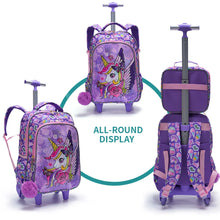 Load image into Gallery viewer, 3PCS set Rolling Backpack For Girls Wheeled School BookBag With Lunch And Pen Bag Purple Unicorn Cute sequin Glow-in-the-dark