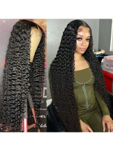 Load image into Gallery viewer, 200 Density Deep Wave Lace Front Wigs Human Hair 13x4 Hd Transparent Human Hair Wig Pre Plucked Bleached Knots Brazilian Hair Glueless Wig for Women Black Curly Lace Front Wig Human Hair with Baby Hair for Daily Party Summer