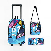 Load image into Gallery viewer, Colorful Number 67 Black Wheeled Rolling Bag Set with Lunch Box Pen Bag with Wheels School Trolley Backpack Bag for Girl/Boys
