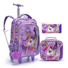Load image into Gallery viewer, 3PCS set Rolling Backpack For Girls Wheeled School BookBag With Lunch And Pen Bag Purple Unicorn Cute sequin Glow-in-the-dark
