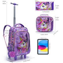 Load image into Gallery viewer, 3PCS set Rolling Backpack For Girls Wheeled School BookBag With Lunch And Pen Bag Purple Unicorn Cute sequin Glow-in-the-dark