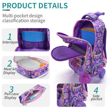 Load image into Gallery viewer, 3PCS set Rolling Backpack For Girls Wheeled School BookBag With Lunch And Pen Bag Purple Unicorn Cute sequin Glow-in-the-dark