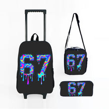 Load image into Gallery viewer, Colorful Number 67 Black Wheeled Rolling Bag Set with Lunch Box Pen Bag with Wheels School Trolley Backpack Bag for Girl/Boys