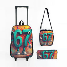 Load image into Gallery viewer, Colorful Number 67 Black Wheeled Rolling Bag Set with Lunch Box Pen Bag with Wheels School Trolley Backpack Bag for Girl/Boys