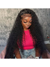 Load image into Gallery viewer, 200 Density Deep Wave Lace Front Wigs Human Hair 13x4 Hd Transparent Human Hair Wig Pre Plucked Bleached Knots Brazilian Hair Glueless Wig for Women Black Curly Lace Front Wig Human Hair with Baby Hair for Daily Party Summer
