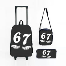 Load image into Gallery viewer, Colorful Number 67 Black Wheeled Rolling Bag Set with Lunch Box Pen Bag with Wheels School Trolley Backpack Bag for Girl/Boys

