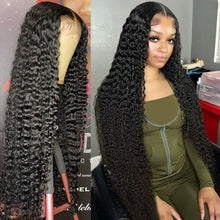 Load image into Gallery viewer, 200 Density Deep Wave Lace Front Wigs Human Hair 13x4 Hd Transparent Human Hair Wig Pre Plucked Bleached Knots Brazilian Hair Glueless Wig for Women Black Curly Lace Front Wig Human Hair with Baby Hair for Daily Party Summer
