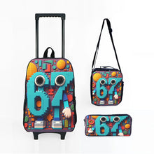 Load image into Gallery viewer, Colorful Number 67 Black Wheeled Rolling Bag Set with Lunch Box Pen Bag with Wheels School Trolley Backpack Bag for Girl/Boys
