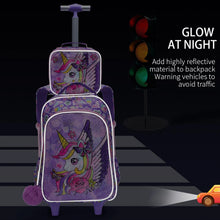 Load image into Gallery viewer, 3PCS set Rolling Backpack For Girls Wheeled School BookBag With Lunch And Pen Bag Purple Unicorn Cute sequin Glow-in-the-dark
