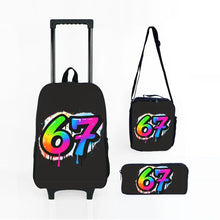 Load image into Gallery viewer, Colorful Number 67 Black Wheeled Rolling Bag Set with Lunch Box Pen Bag with Wheels School Trolley Backpack Bag for Girl/Boys
