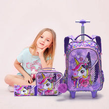 Load image into Gallery viewer, 3PCS set Rolling Backpack For Girls Wheeled School BookBag With Lunch And Pen Bag Purple Unicorn Cute sequin Glow-in-the-dark
