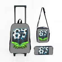Load image into Gallery viewer, Colorful Number 67 Black Wheeled Rolling Bag Set with Lunch Box Pen Bag with Wheels School Trolley Backpack Bag for Girl/Boys
