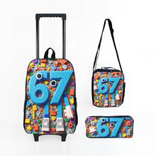 Load image into Gallery viewer, Colorful Number 67 Black Wheeled Rolling Bag Set with Lunch Box Pen Bag with Wheels School Trolley Backpack Bag for Girl/Boys
